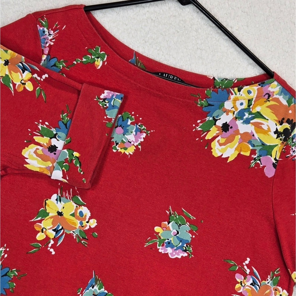 Lauren Ralph Lauren Top Womens 2X Red Floral Boat Neck Cuffed SS Stretch